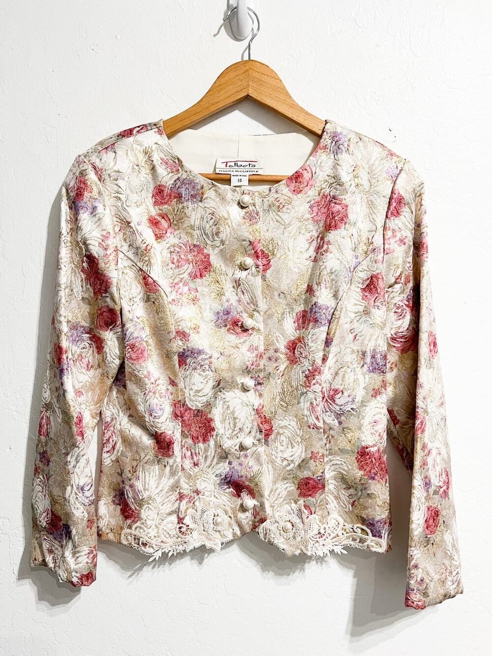 VTG Jessica Mclintock Talbots Jacket Floral Metallic Bead Applique Pearl Brocade